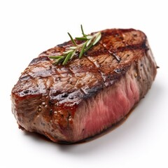 grilled steak on a plate isolated on a white background made with generative AI technology
