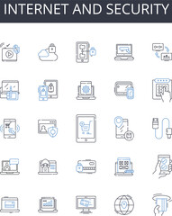 Internet and security line icons collection. Cybersecurity, Online protection, Web security, Digital safety, Firewall, Data encryption, Malware prevention vector and linear illustration. Identity