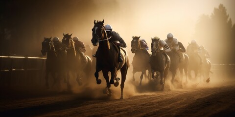 Horse racing competition. Horse racing. Horses. Generative AI. Horses compete with each other. Derby. Sport. Racing track. Racetrack