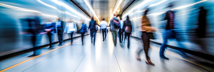 People walking at subway station abstract blur. Blurred Metro station with passengers and Subway trains at high speed at with motion blur background. wide format with copy space