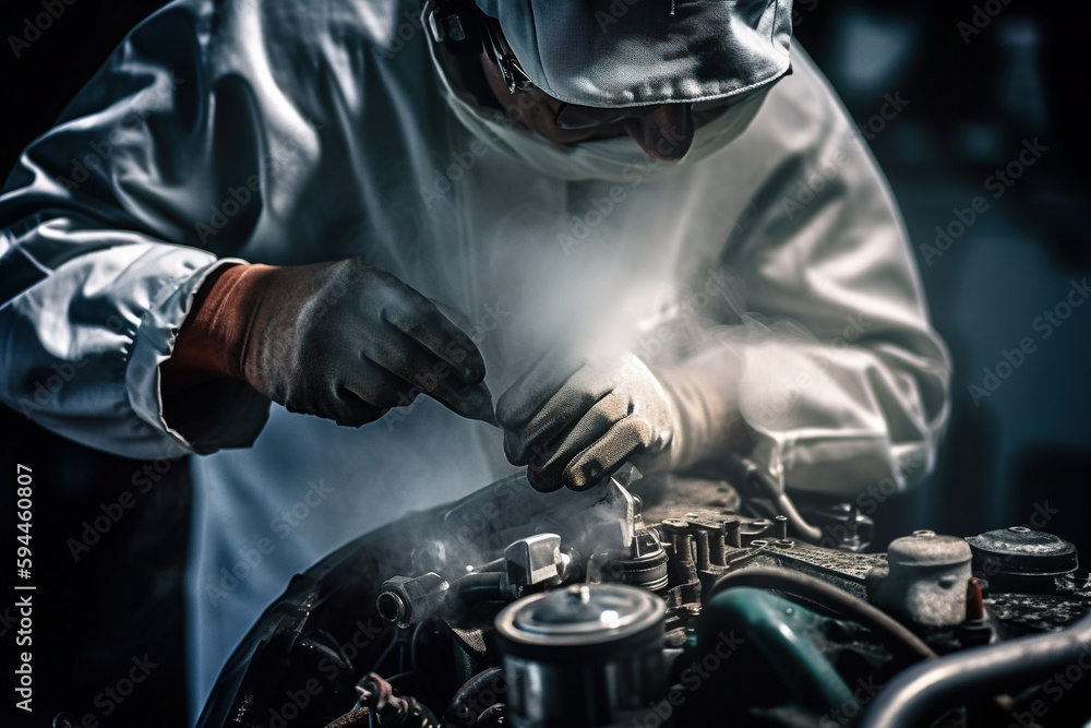 Poster a man working on a car engine in a garage. ai generative image