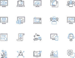 Fototapeta premium Virtual job line icons collection. Remote, Digital, Telecommute, Online, Flexible, Location-independent, Virtual vector and linear illustration. Freelance,Telework,Work-from-home outline signs set