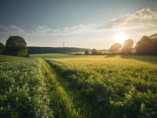 Obraz premium Lush green sustainable farm with various crops and trees, natural landscape and environment, blue sky with clouds, daytime atmosphere, ecoregion, land lot, generative AI.