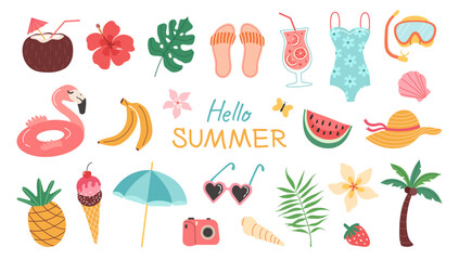 Set of summer stickers. Icons for tropical vacation. Seasonal elements collection. Flamingos, ice cream, pineapple, tropic leaves, cocktails, plumeria, watermelon, beach accessories.