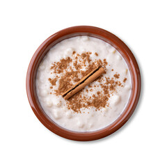 Canjica or munguza, typical brazilian white corn sweet cream with cinnamon isolated over white background