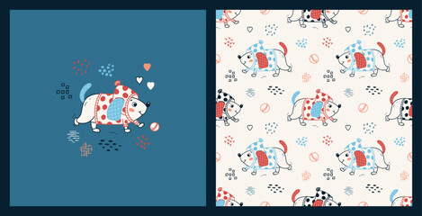 Pet Set. Cute Dog Playing with Ball. Seamless Pattern and Poster with Little Puppy. Vector Childish Background. Baby Funny Animal. Great Kids Fashion T-shirt Print Design, Nursery Wallpaper etc
