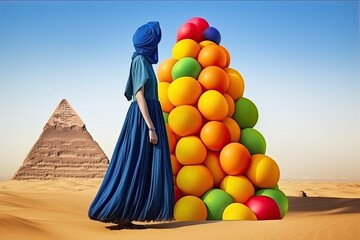 Woman in the desert holding colorful balloons. Conceptual and surreal artwork. Created with generative AI