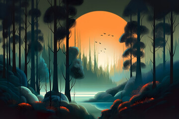 Forest Lake during blood mood, birds flying across mysterious forest, night time in nature