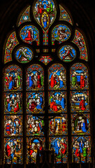 Jesus stained glass, Notre-Dame of the Assumption, Sainte-Marie-du-Mont, Normandy, France. Church created 11th to 13th Century.