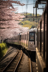 Obraz premium Cherry blossoms bloom along the railway line in Kyoto, Japan, and the scenery of local trains running on the rails.