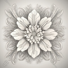 Symmetrical high purity three-dimensional white flower pattern in engraving style on a white background