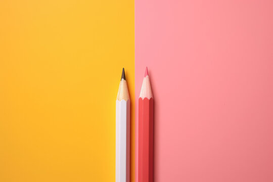 Pink pencil and white pencil on yellow and pink background.