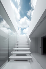 Modern staircase direct leading to the sky with white clouds.
