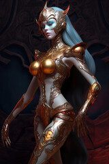 Fototapeta na wymiar Beautiful alien girl, alien princess wearing golden armor, Fantasy creation. Generative AI illustration