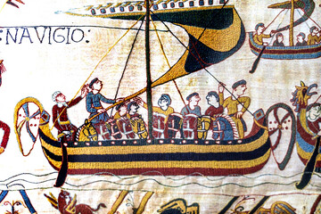 Bayeux tapestry, Bayeux, Normandy, France. Created 11th century right after Battle of Hastings 1066 AD showing Norman Conquest. Norman Invasion Ship