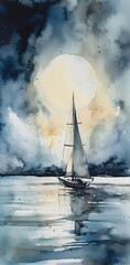 Naklejka premium Painting with a sail boat on the water Generative Ai