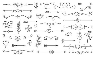 Fototapeta premium Decorative elements doodle set. Boho arrows, ribbons, text dividers. Divider ornament, borders, lines. Hand drawn vector illustration isolated on white background
