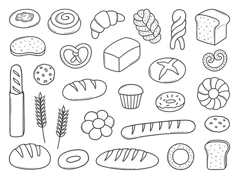 Bread and bakery doodle set. Bagel, croissant, baguette, bun, cookie, donut, sliced bread in sketch style. Hand drawn vector illustration isolated on white background