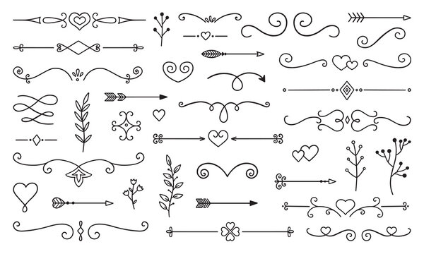 Decorative elements doodle set. Boho arrows, ribbons, text dividers. Divider ornament, borders, lines. Hand drawn vector illustration isolated on white background