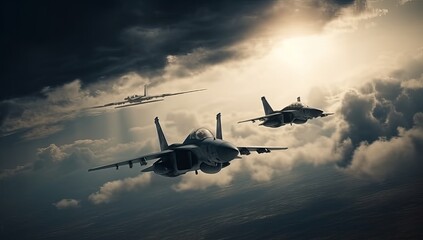 Fototapeta na wymiar Jet fighters flying through a cloud. Generative AI 