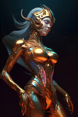 Fototapeta premium Beautiful alien girl, alien princess wearing golden armor, Fantasy creation. Generative AI illustration