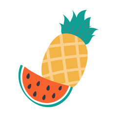 Bright seamless summer pattern of pineapple in sunglasses, watermelon slices and cocktail with mint