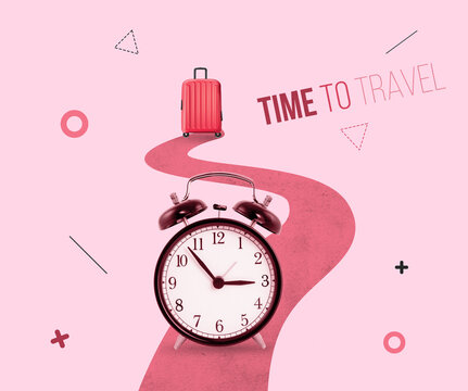 Artwork of travel bag on road with clock, time to travel concept