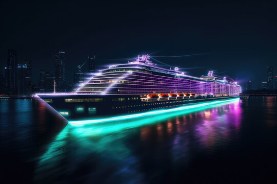 Giant cruise ships cross city rivers at night with tall buildings lining the banks.