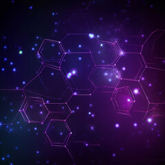 Obraz na płótnie Canvas Hexagons are connected by technologically abstract lines and dots in the background. Big data and digital data are connected via hexagons. data visualization in purple hexadecimal format.