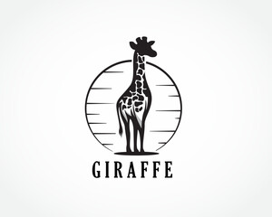 stand giraffe art with sun line nature background logo design template illustration inspiration