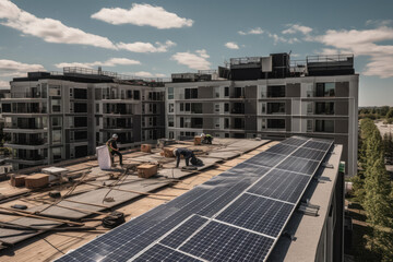 Workers are laying solar panels on the roof.