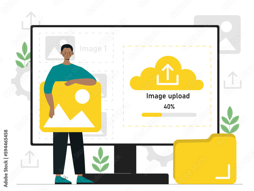 Poster uploading photos concept. man near folder and computer screen. cloud storage and data transfer over 
