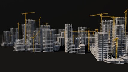 Construction of a multi-storey building. Construction equipment. Monolith building. 3D rendering.