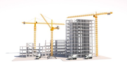 Construction of a multi-storey building. Construction equipment. Monolith building. 3D rendering.