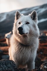 Obraz premium Dog in the snow with blue eyes sitting on the ground Generative Ai