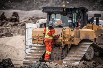 Heavy machinery mechanic checking a bulldozer at a construction site © Larry Dallaire