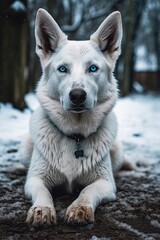 Dog in the snow with blue eyes sitting on the ground Generative Ai