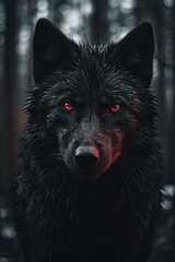 An illustration of a black wolf with red eyes Generative Ai