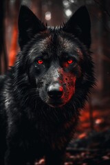 An illustration of a black wolf with red eyes Generative Ai
