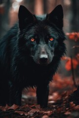 An illustration of a black wolf with red eyes Generative Ai