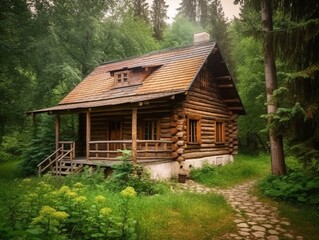 Fototapeta na wymiar Escape to a Serene Mountain Forest with a Rustic Log Cabin | Generative AI