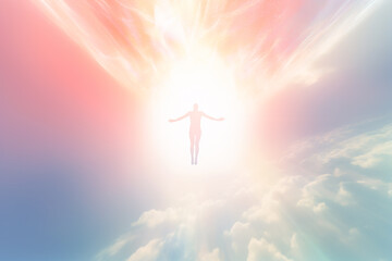 An image of an angel with outstretched hands, enveloped in dazzling light and ascending to the heavens.  Generative AI 
