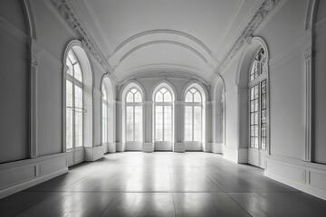 A large room with large windows and a large room with a large floor