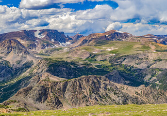 Alpine landscape panorama view of the Rocky Mountains in Montana along the Beartooth Highway.   