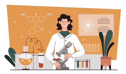 Scientific laboratory concept. Woman in medical gown with stands near microscope and test tubes with substances. Chemical experiments and research. Cartoon flat vector illustration