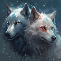 Two wolf characters standing together under the cloud Generative Ai
