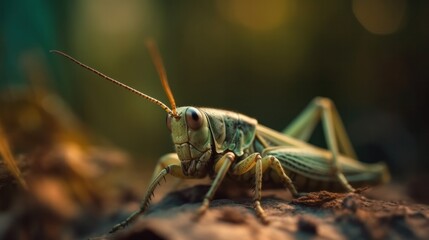 Close up green grasshopper on the ground. Generative AI.