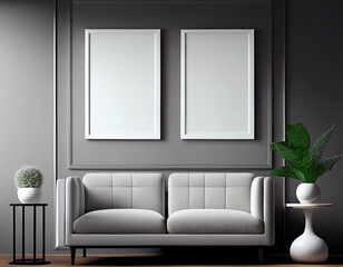 Folky illustration of blank picture frame mockup on gray wall. Modern scandinavian living room with sofa, min. concept. Two vertical templates for artwork or poster. Interior design, generative ai