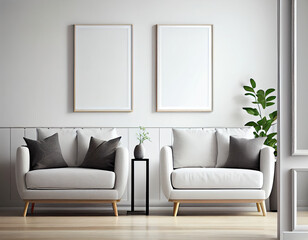 Folky illustration of blank picture frame mockup on gray wall. Modern scandinavian living room with sofa, min. concept. Two vertical templates for artwork or poster. Interior design, generative ai