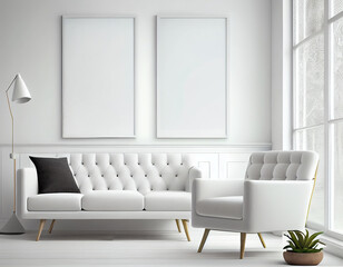 Folky illustration of blank picture frame mockup on gray wall. Modern scandinavian living room with sofa, min. concept. Two vertical templates for artwork or poster. Interior design, generative ai